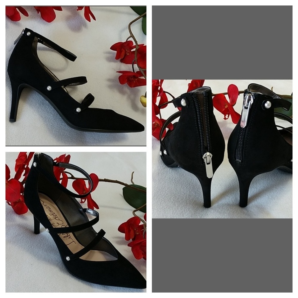 NEW Strappy Stilettos Heels Sexy Back Zip Faux Pearls Black Libby Edelman 8.5 - Picture 3 of 8
